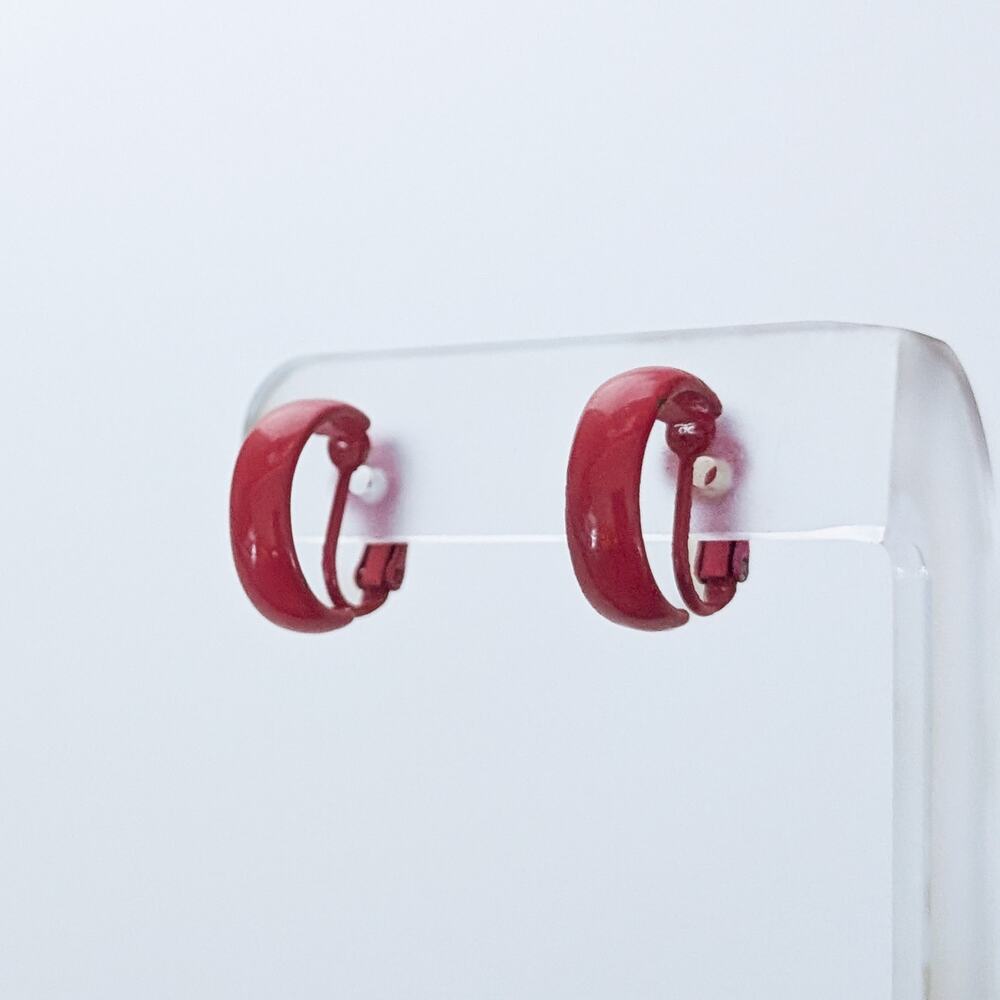 Vintage Clip On Earrings 0.75" Red Hoops - Fair Condition